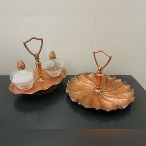 Vintage copper salt and pepper with serving tray